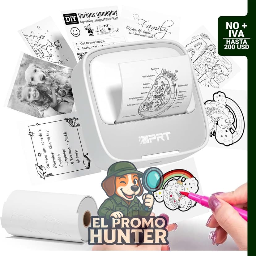 iDPRT Mini impresora térmica portátil para etiquetas y códigos de barras, compatible con iPhone y Android.