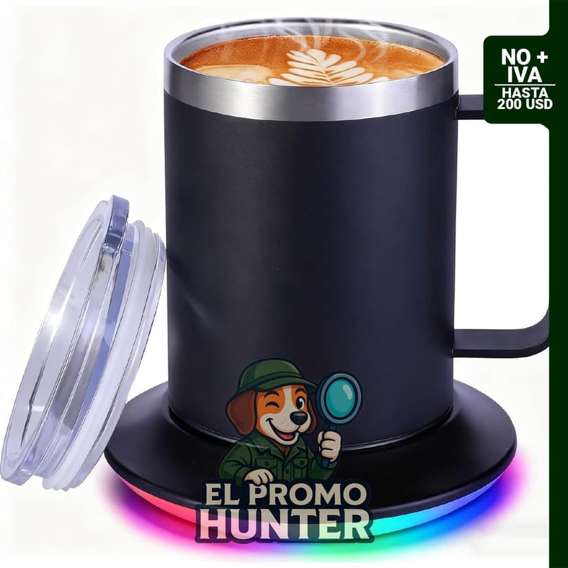 Taza de café calefactable de 12 oz con calentador RGB, acero inoxidable de doble capa, alimentada por USB.