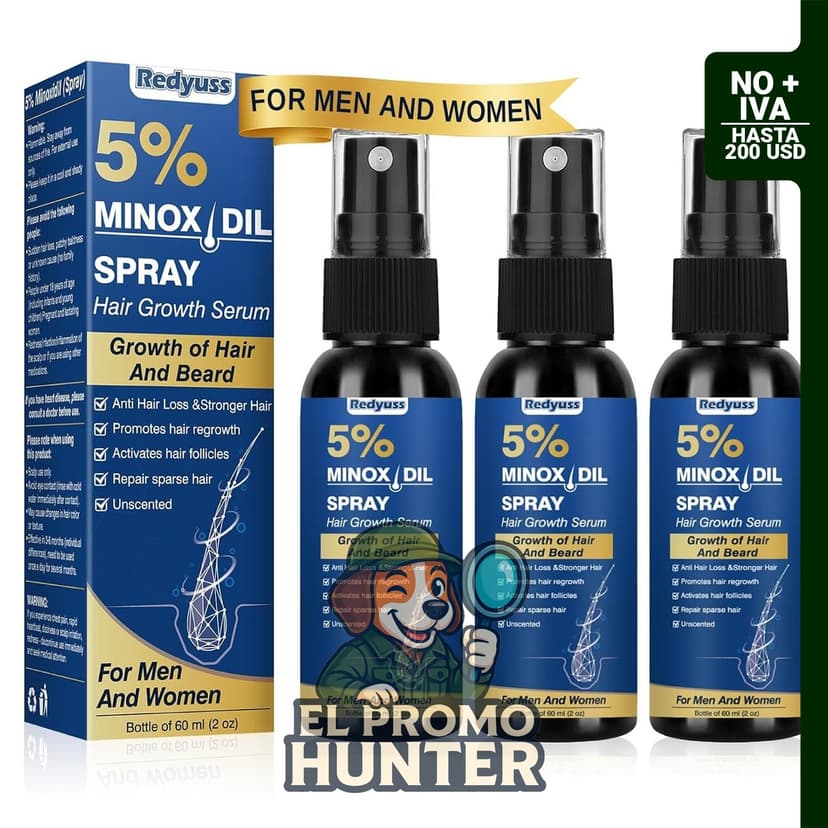 Redyuss 5% Minoxidil Spray para el crecimiento del cabello y barba, 3 botellas de 2 oz.