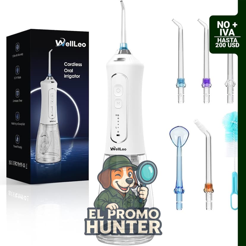 WellLeo Irrigador bucal inalámbrico de 300 ml, recargable con 5 modos y 5 puntas de chorro.