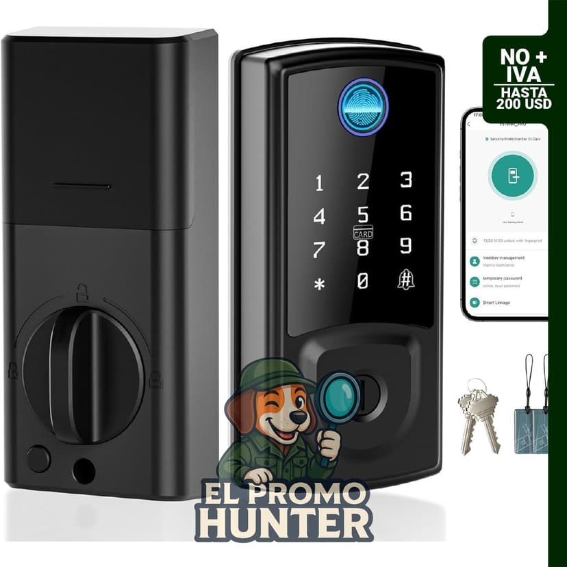 Cerradura inteligente 5 en 1 con huella y teclado, control remoto por app WiFi, bloqueo automático.