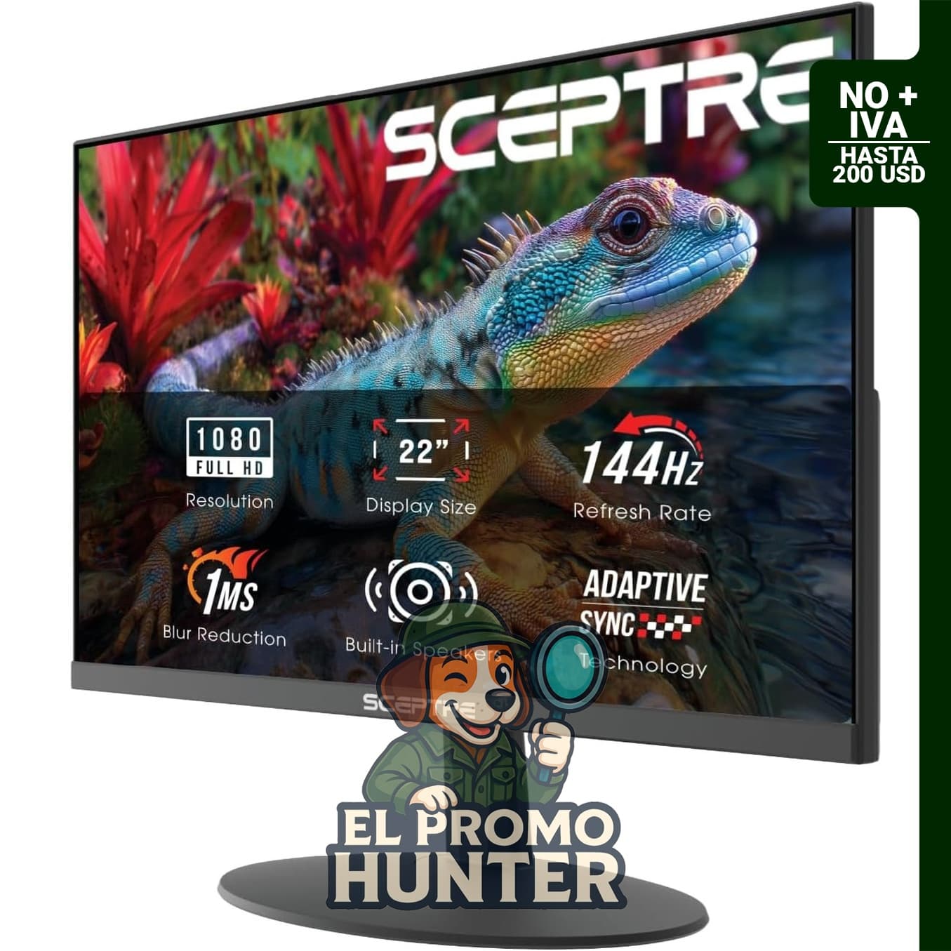 Sceptre E225W-FW144, monitor de juegos de 22" (56 cm), resolución FHD 1080p, frecuencia de hasta 144Hz, HDMI y DisplayPort.