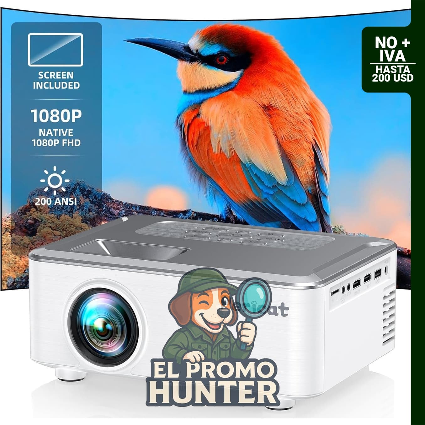 Proyector Pericat 200 ANSI 1080P HD con WIFI y Bluetooth, pantalla de 100 pulgadas, altavoz de 15 W.
