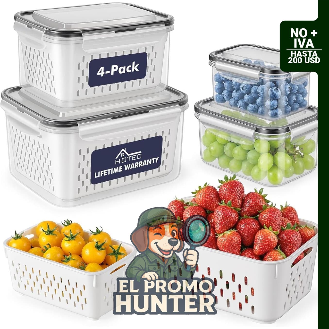 HOTEC Paquete de 4 recipientes de almacenamiento de frutas, 3.15 L, aptos para lavavajillas y microondas.