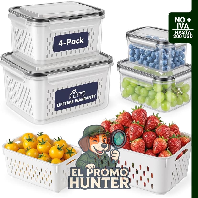 HOTEC Paquete de 4 recipientes de almacenamiento de frutas, 3.15 L, aptos para lavavajillas y microondas.
