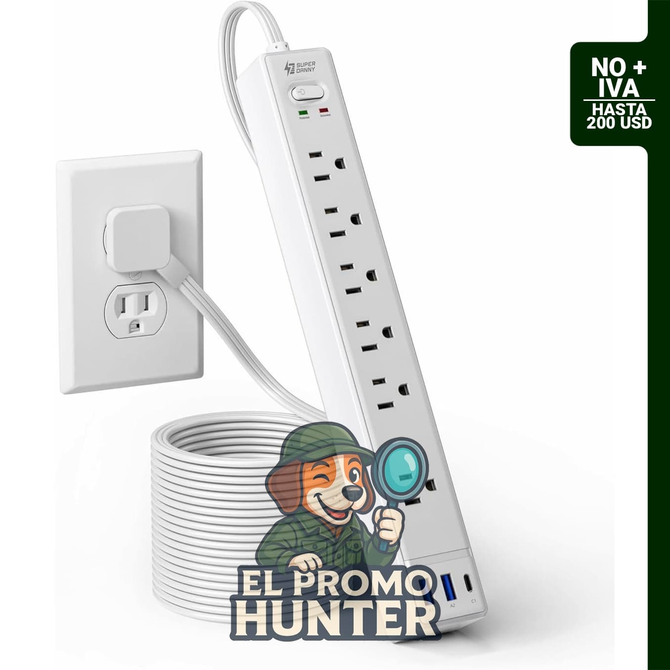 SUPERDANNY Regleta de enchufe plano de 10 pies con 6 tomas y 3 puertos USB.