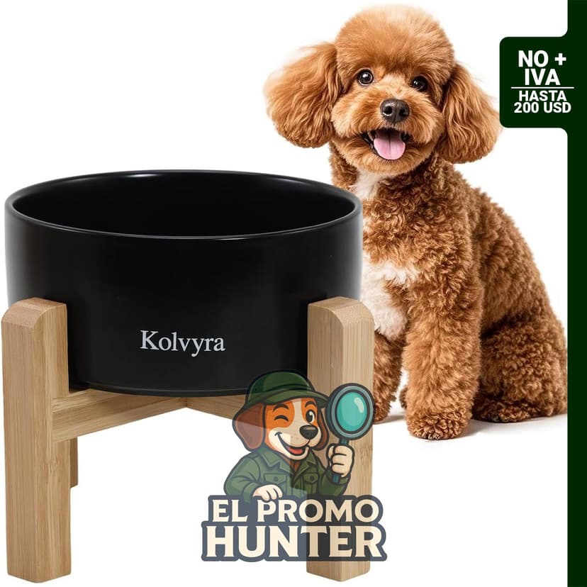 Tazón elevado de cerámica de 6" para perros pequeños, 23 oz, con soporte de madera antideslizante, apto para lavavajillas.
