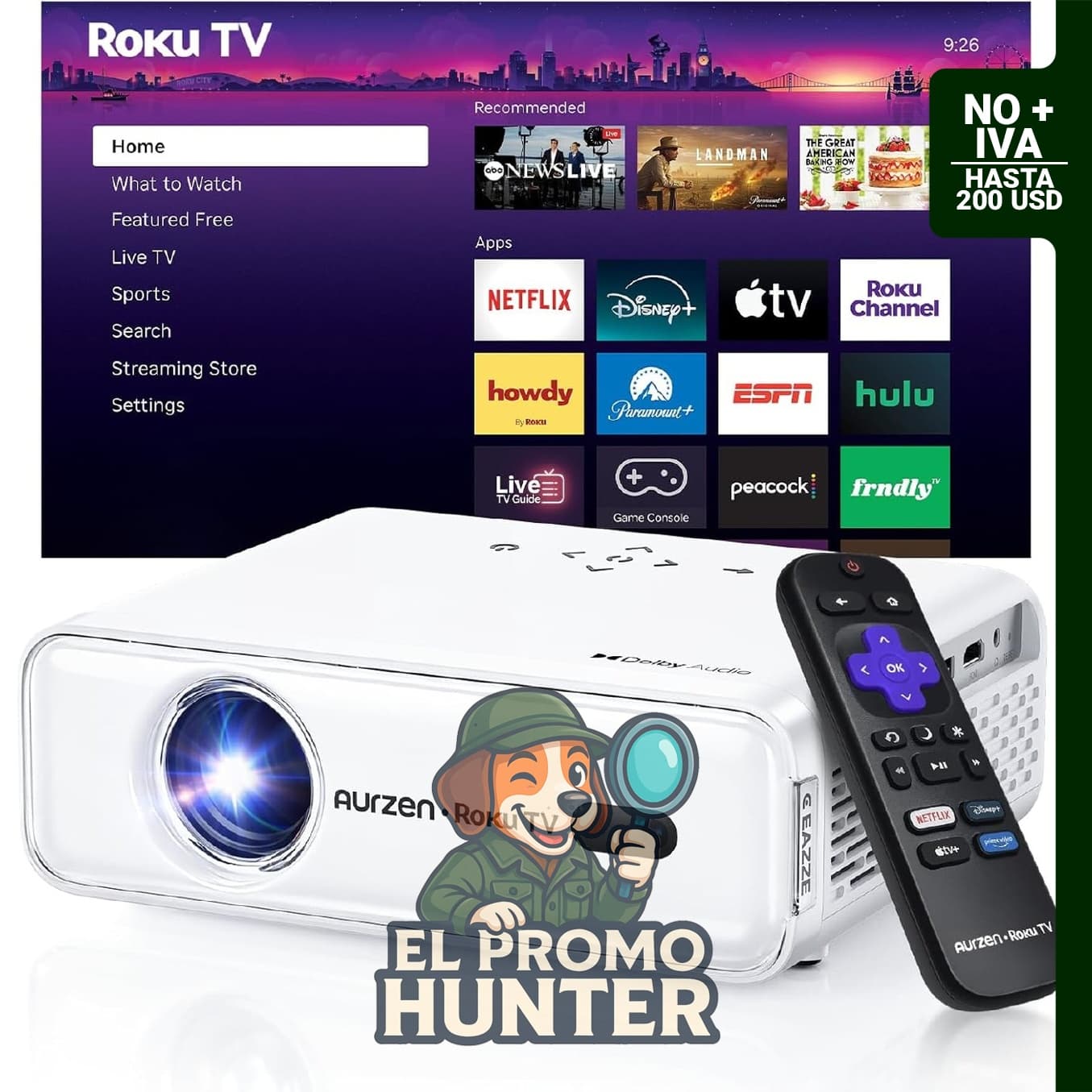 Aurzen Roku TV D1R Proyector portátil inteligente con WiFi y Bluetooth, 1080P FHD, auto enfoque y zoom.
