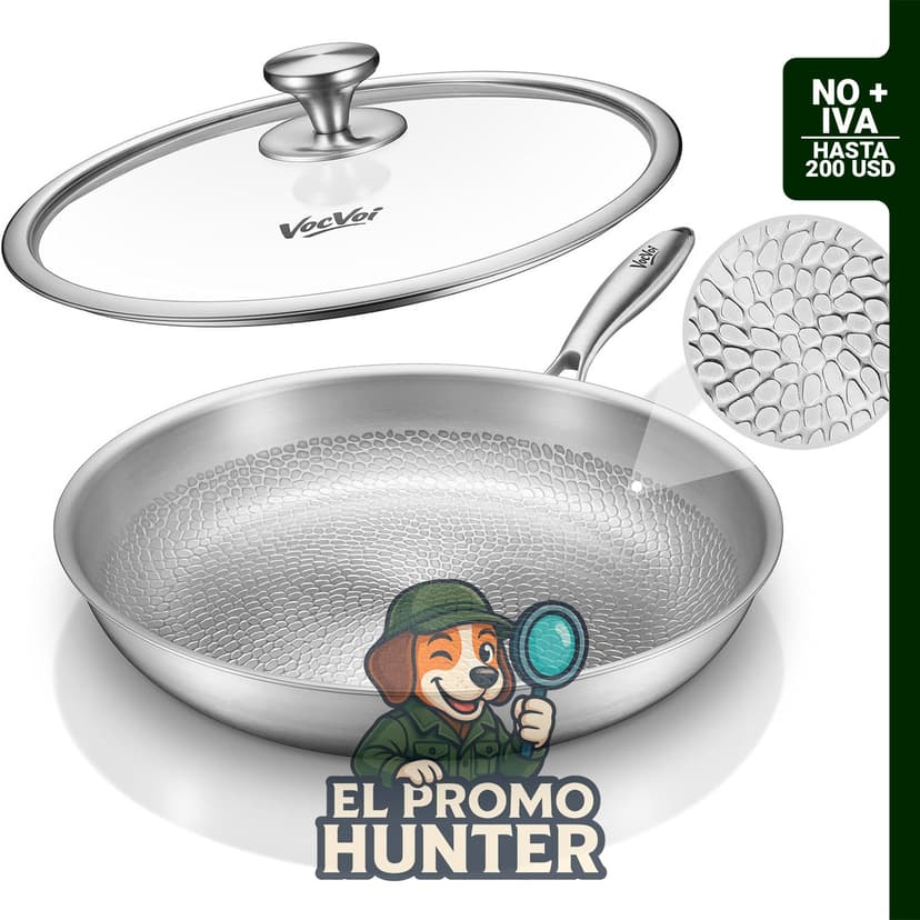 Sartén de titanio de 12 pulgadas con tapa, apta para inducción y horno, sin recubrimiento PFOA/PFAS/PTFE.