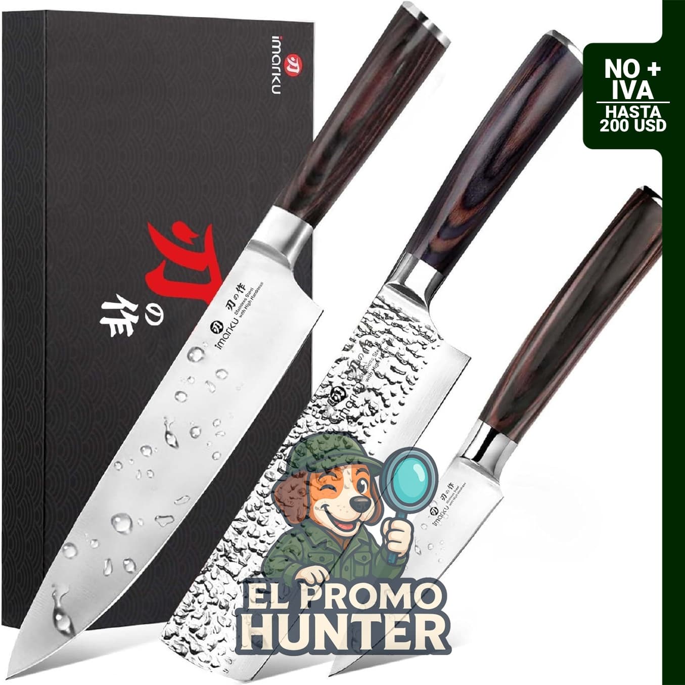 Juego de cuchillos de cocina imarku de acero inoxidable japonés HC con mango de madera de Pakkawood.
