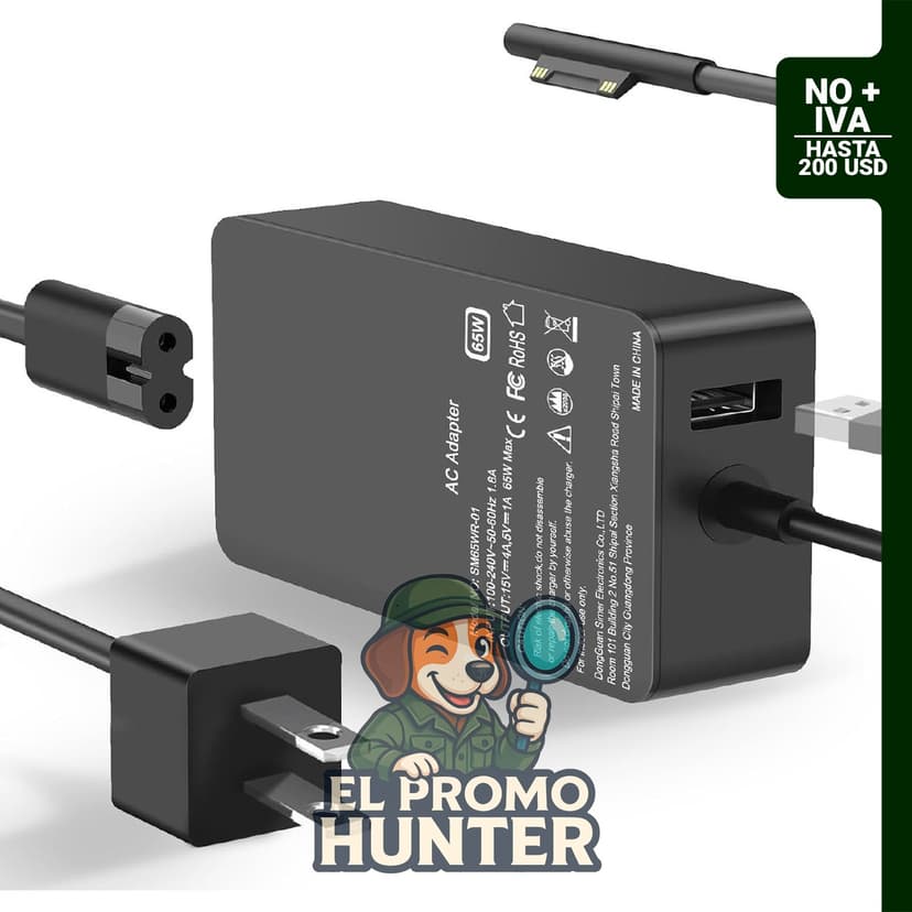 Cargador de 65 W compatible con Microsoft Surface Pro 9, 8, 7+, 7, 6, 5, 4, 3, X, modelos 1706, 1866, 1824, 1796, 1769, 1724, 1625, 1631, 1735, 1736, 1943, 1867, con puerto USB 5V-1.67 A.