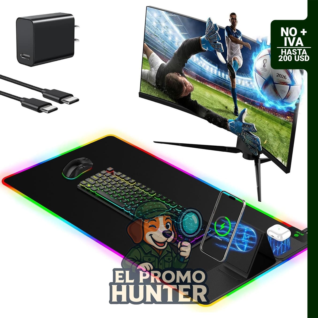 Alfombrilla de mouse XXL RGB de 31.5 x 15.8 pulgadas con soporte plegable para teléfono y cargador inalámbrico.