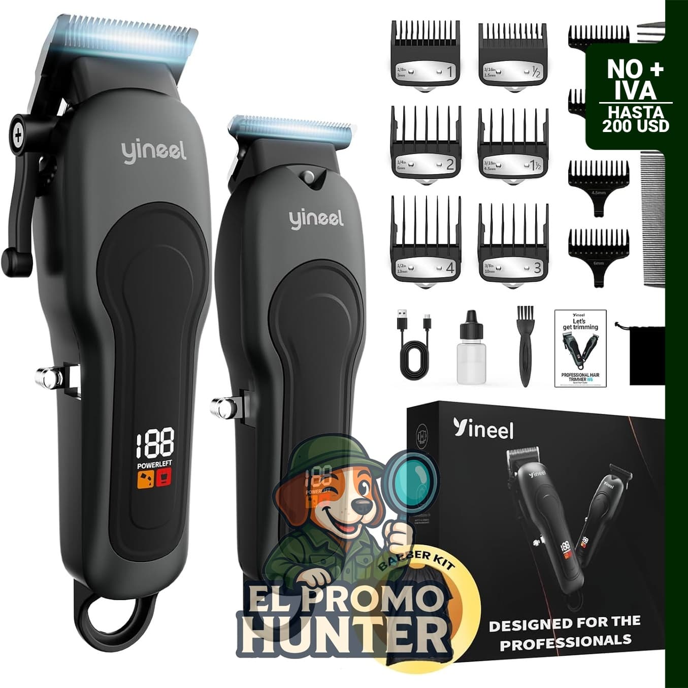 Yineel Cortapelos profesional inalámbrico con pantalla LED, incluye recortadora y accesorios.