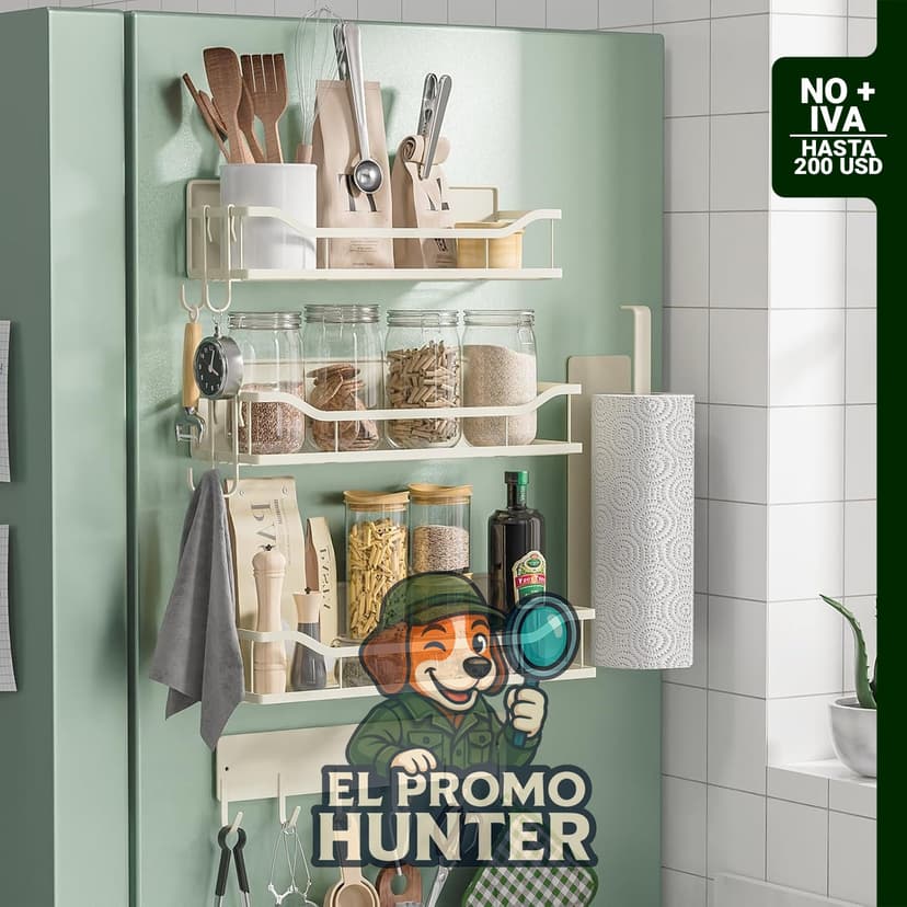 Estantes magnéticos multifuncionales para refrigerador y lavadora, incluye soporte para toallas de papel y ganchos.