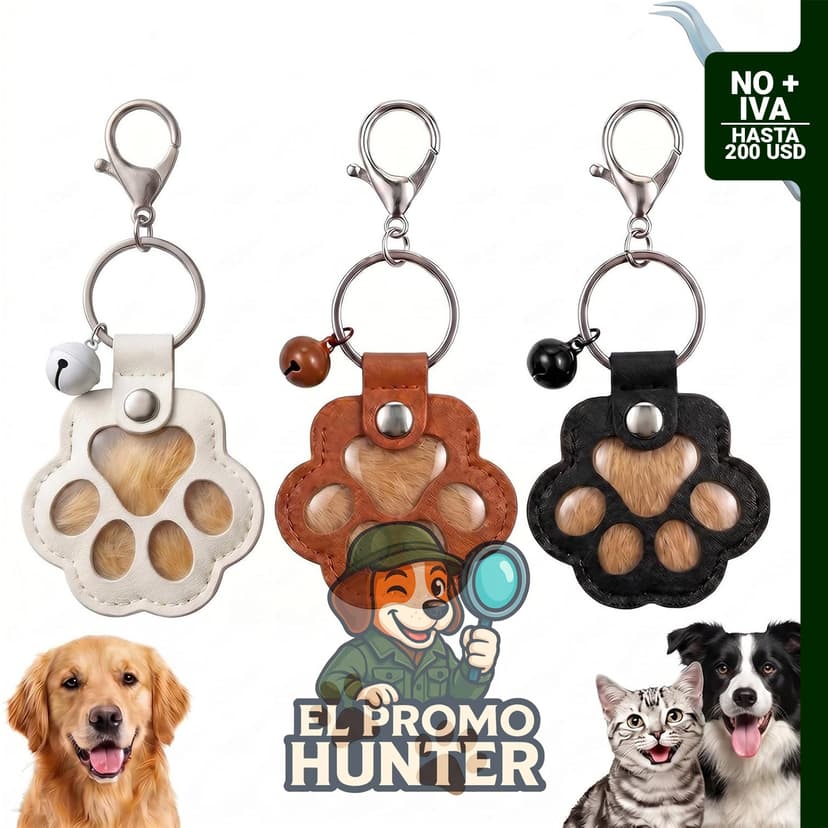 Llavero con forma de pata para recordar a perros y gatos, incluye campana y pinzas.