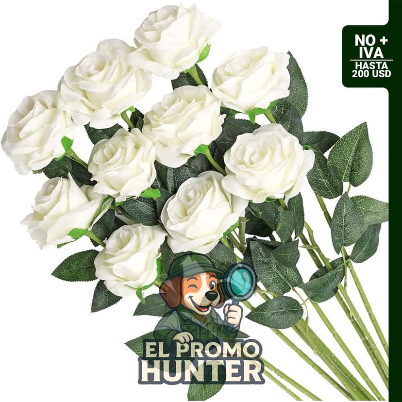 Veryhome Ramo de flores artificiales de rosas de seda, 10 unidades, tallo curvado blanco.