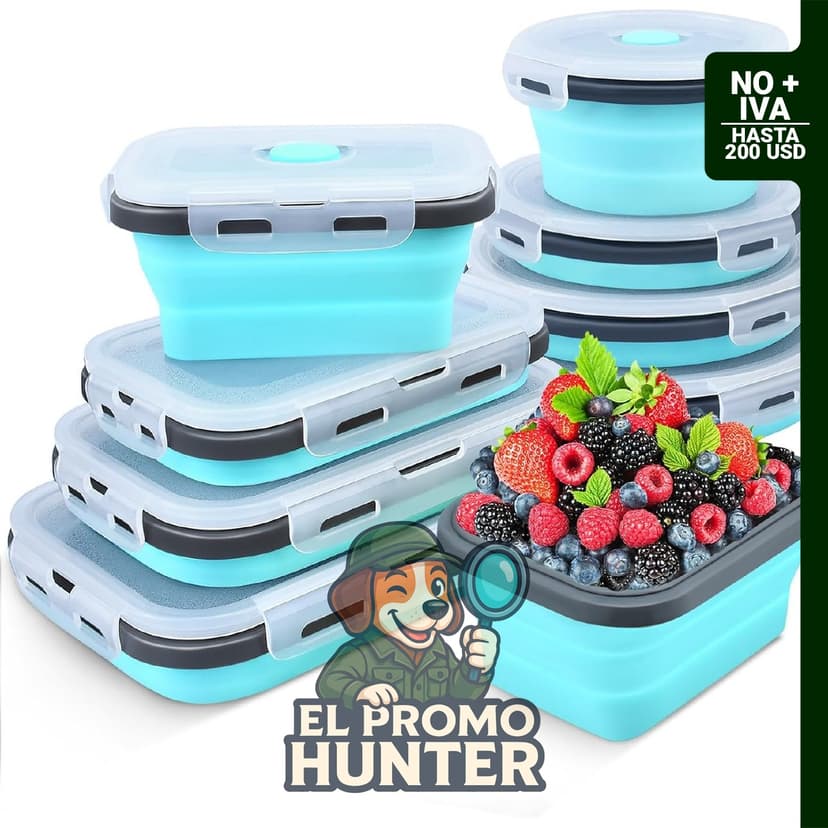 Paquete de 8 recipientes plegables de almacenamiento de alimentos con tapa y ventilación de aire, incluye 4 rectangulares y 4 redondos.