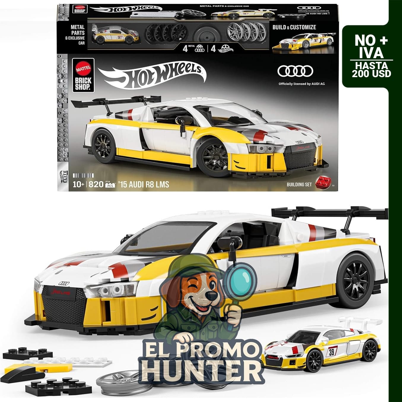 Mattel Brick Shop Hot Wheels Elite Series - Juego de construcción Audi R8 LMS '15 con 820 piezas y calcomanías personalizadas.
