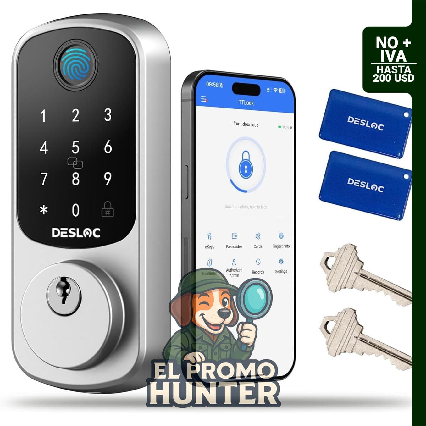 DESLOC Cerradura Inteligente de Puerta B200, cerradura de seguridad sin llave con huella dactilar.