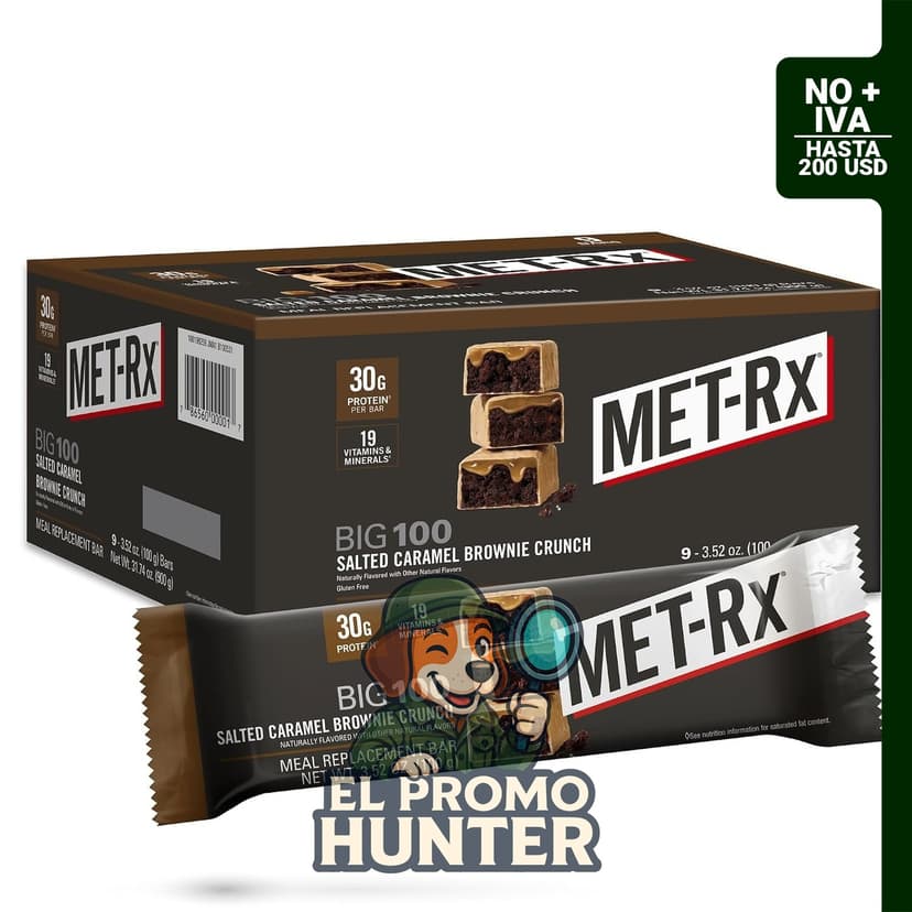 MET-Rx Big 100 Barra de Proteína, 30 g de proteína por barra, sabor Salted Caramel Brownie Crunch, 9 unidades de 100 g cada una.