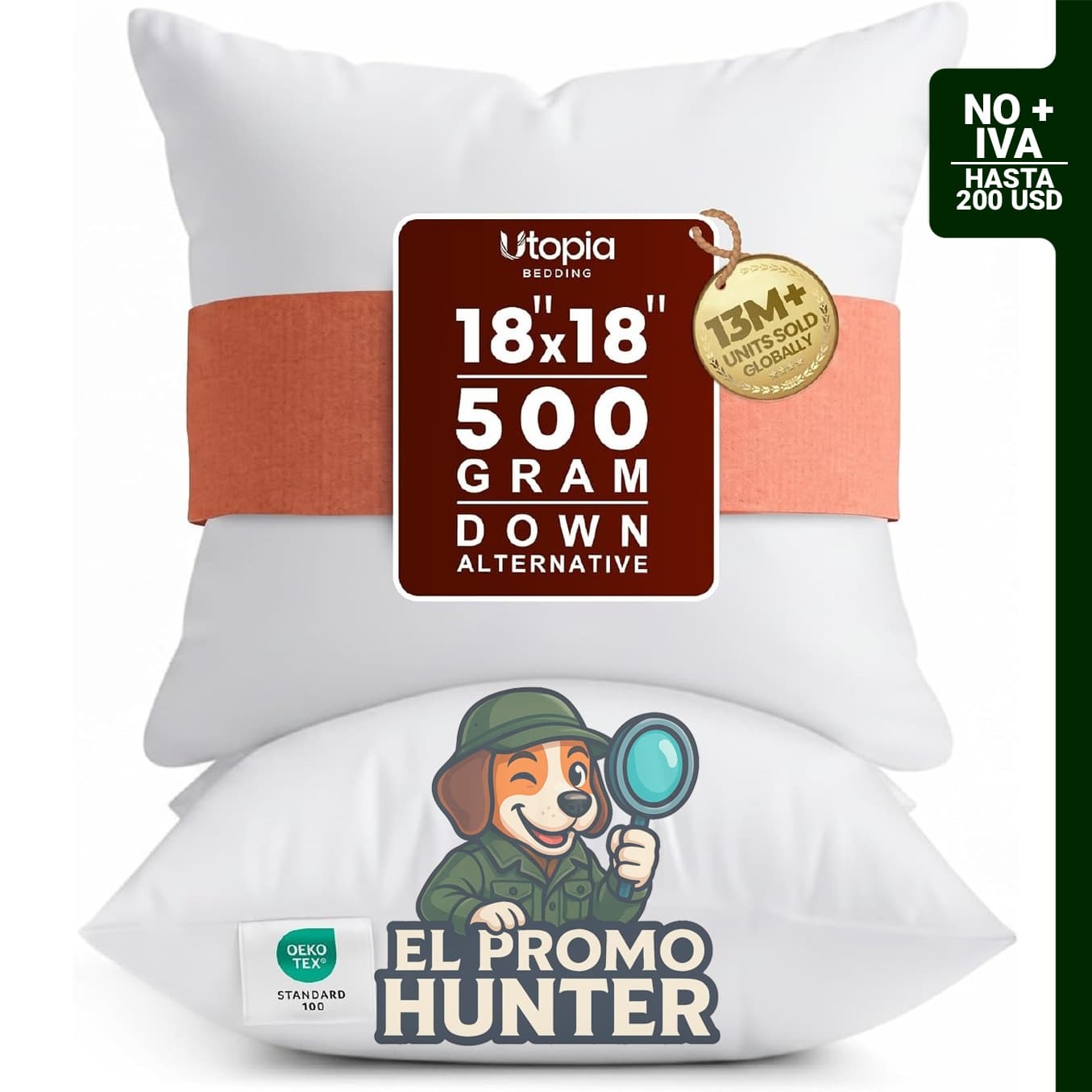 Relleno de almohadas decorativas Utopia Bedding, paquete de 2, color blanco, 45.7 x 45.7 cm.
