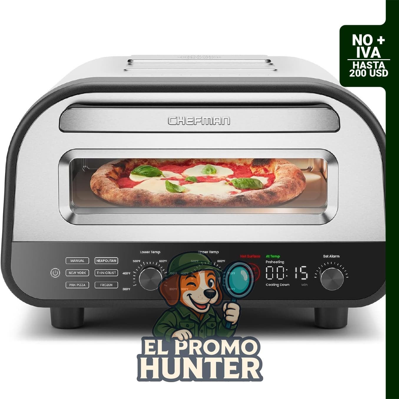 CHEFMAN Horno de pizza para interiores, capacidad para pizzas de 30 cm, calienta hasta 427 °C.
