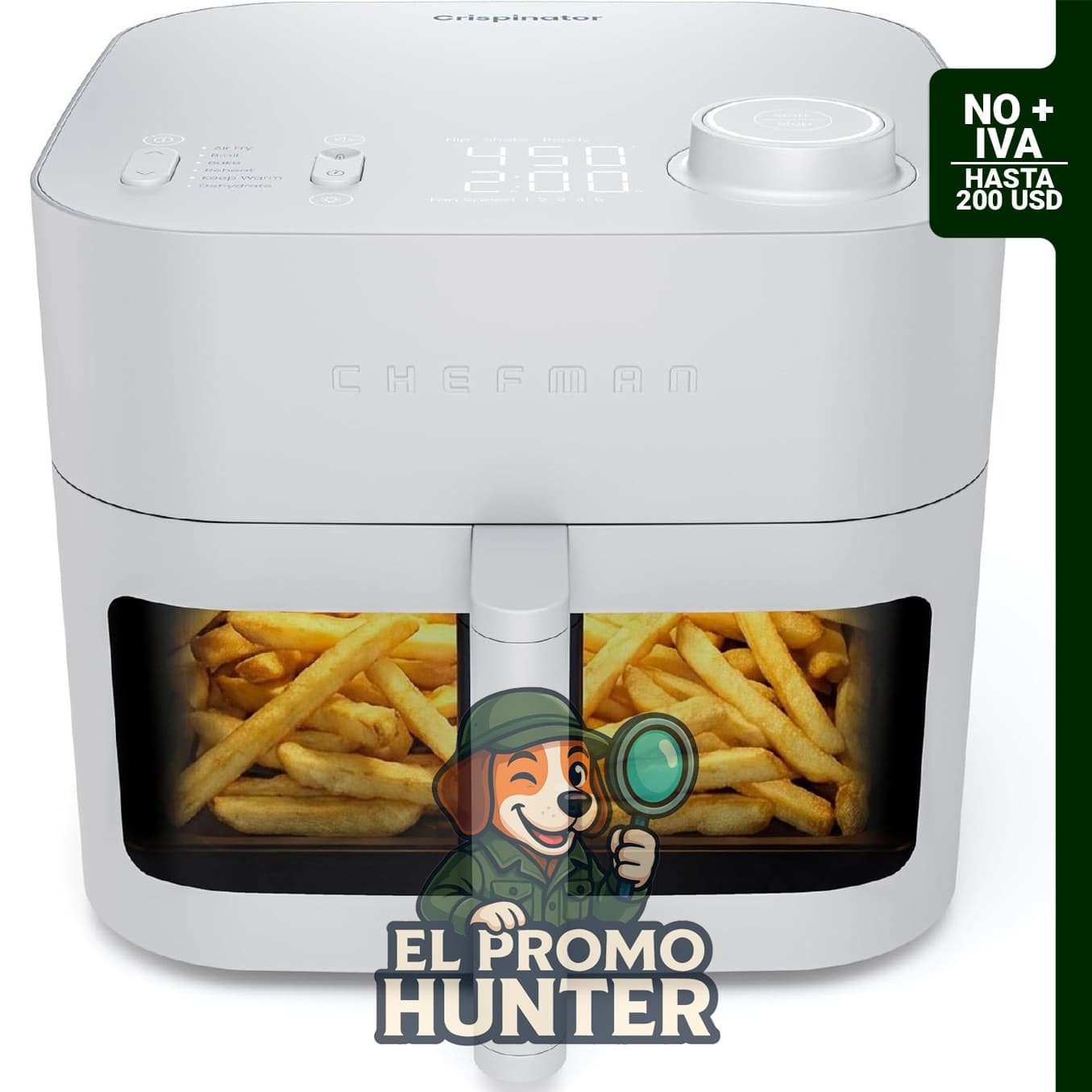 Chefman Crispinator - Freidora de aire 6 en 1, capacidad de 8 cuartos (7.6 L), temperatura máxima de 232 °C.