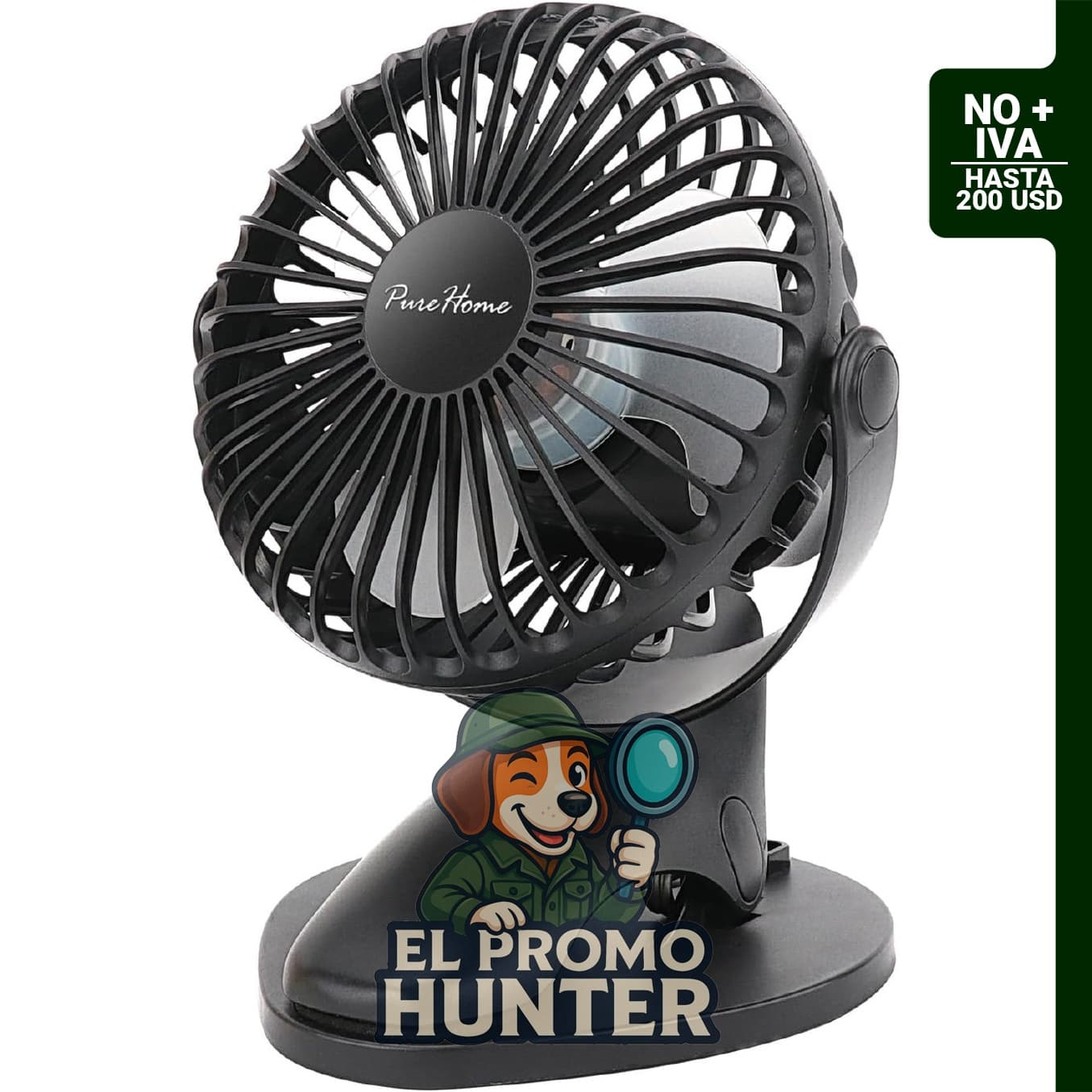 Ventilador de clip portátil PureHome, recargable por USB, 3 velocidades, rotación de 360°.