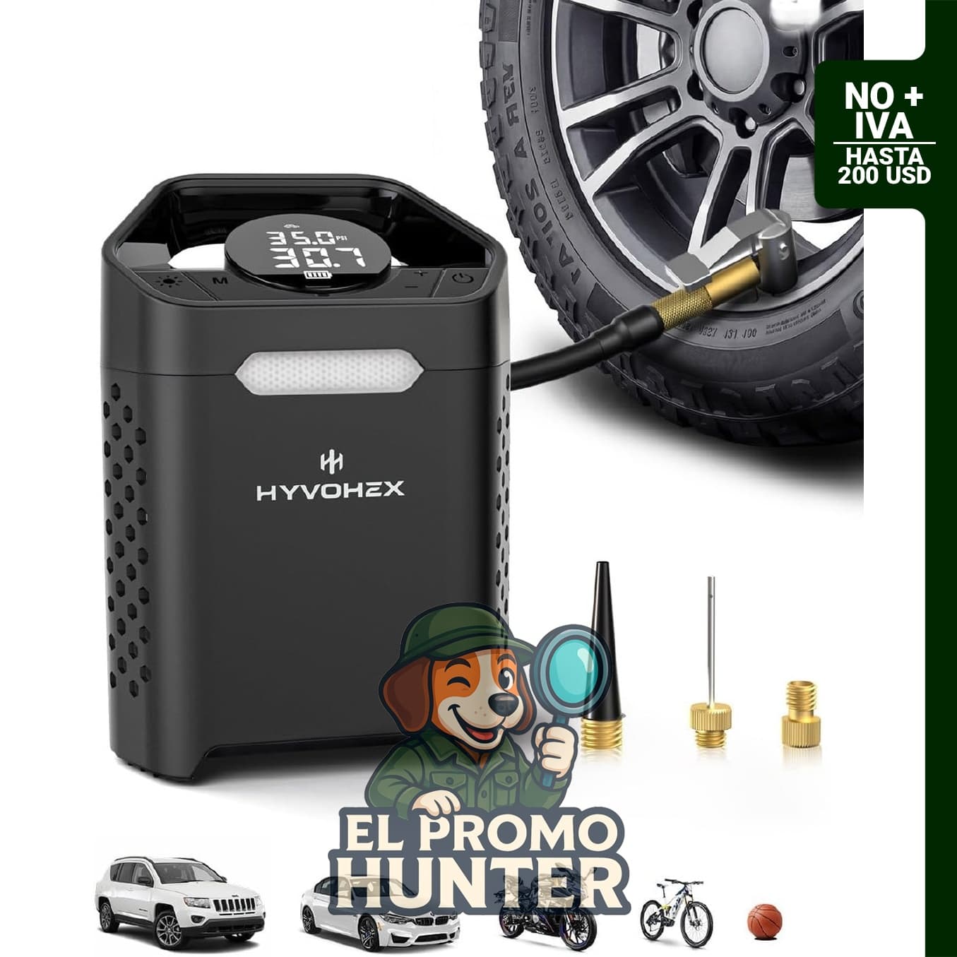 Compresor de Aire Portátil de 160 PSI, inflador inalámbrico con medidor digital y luz LED.
