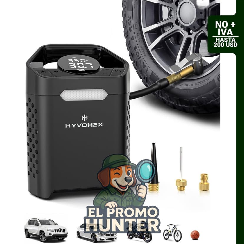 Compresor de Aire Portátil de 160 PSI, inflador inalámbrico con medidor digital y luz LED.