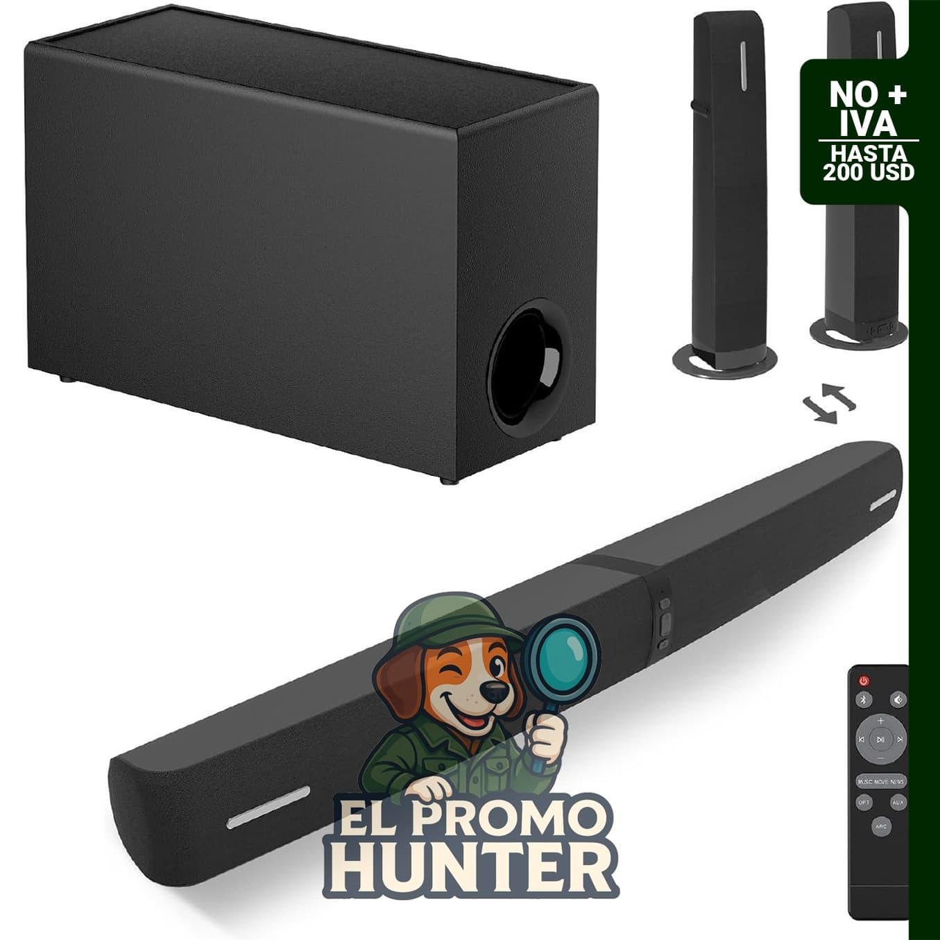 Barra de sonido de 110 W con subwoofer, Bluetooth, ARC, óptico y AUX.