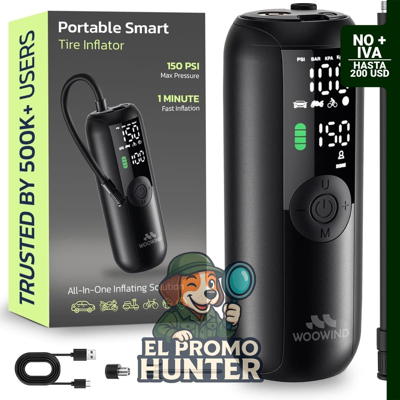 Compresor de aire portátil Woowind para coches y bicicletas, 150 PSI.