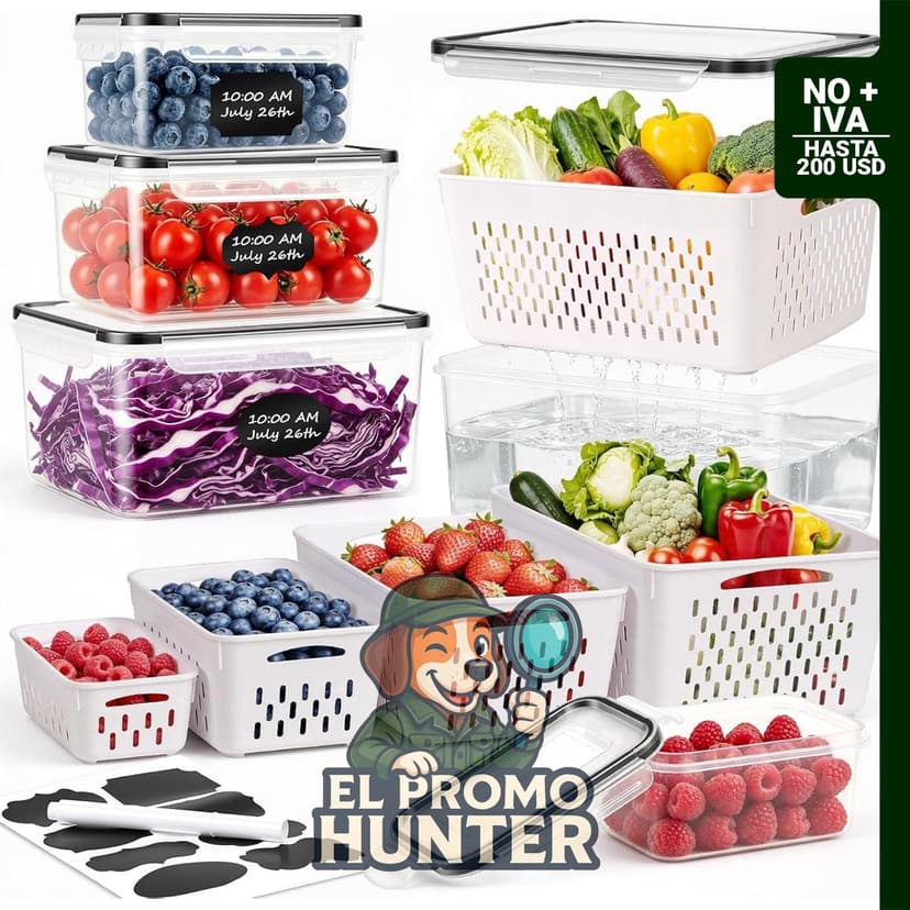 5 contenedores grandes para almacenamiento de frutas en refrigerador.