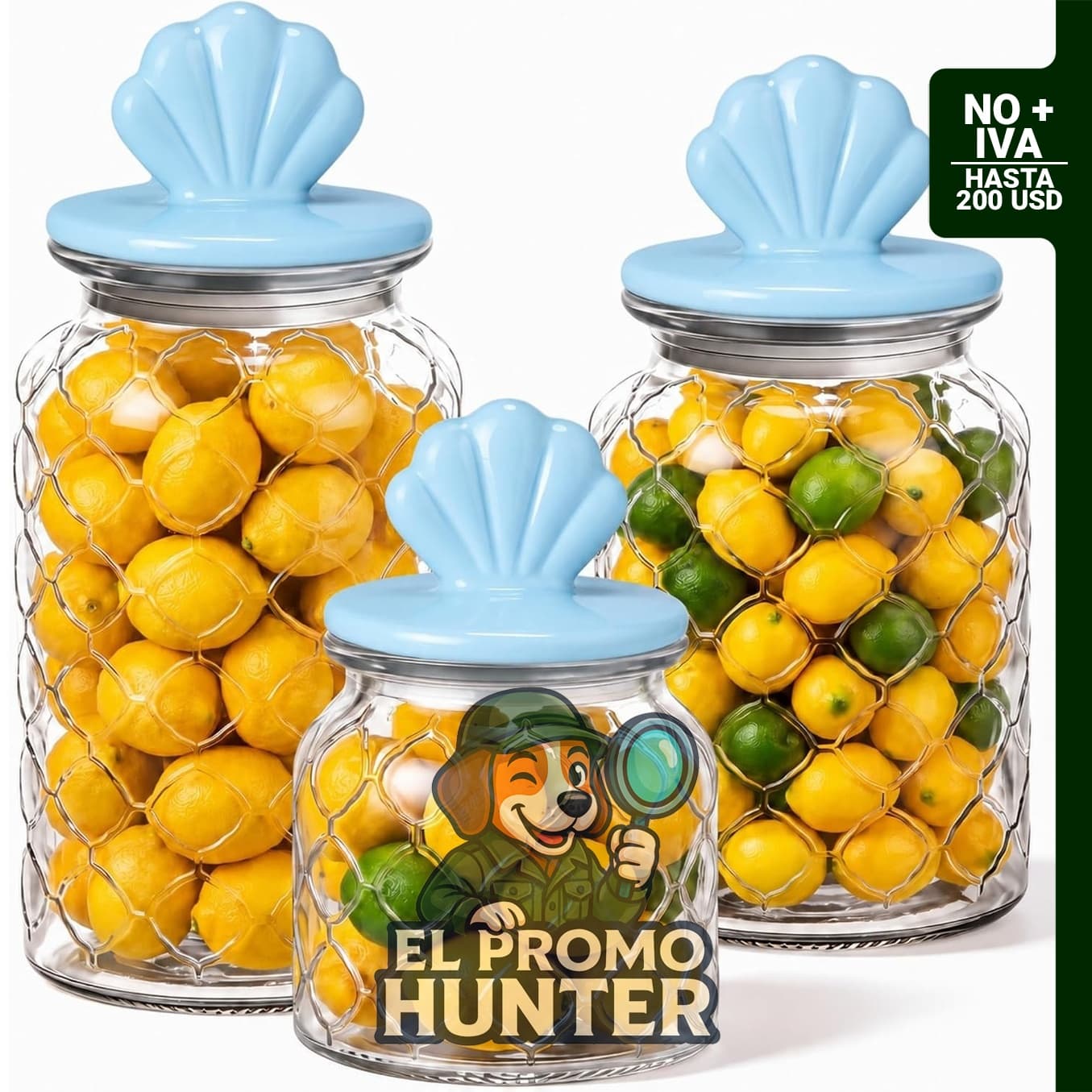 Potchen juego de 3 tarros de vidrio para dulces de playa con tapa de cerámica, capacidades de 44 oz (1.24 L), 34 oz (1 L) y 22 oz (0.65 L).