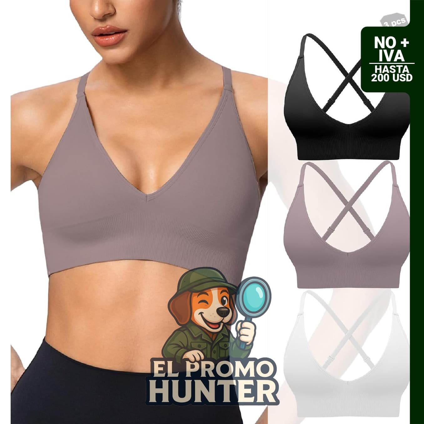 Paquete de 3 brasieres deportivos para mujer, cuello en V, ajustable, espalda cruzada, acolchado, bajo impacto.