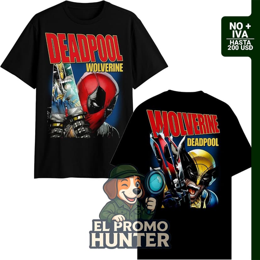Camiseta Marvel Deadpool Wolverine Magazine con diseño frontal y trasero.