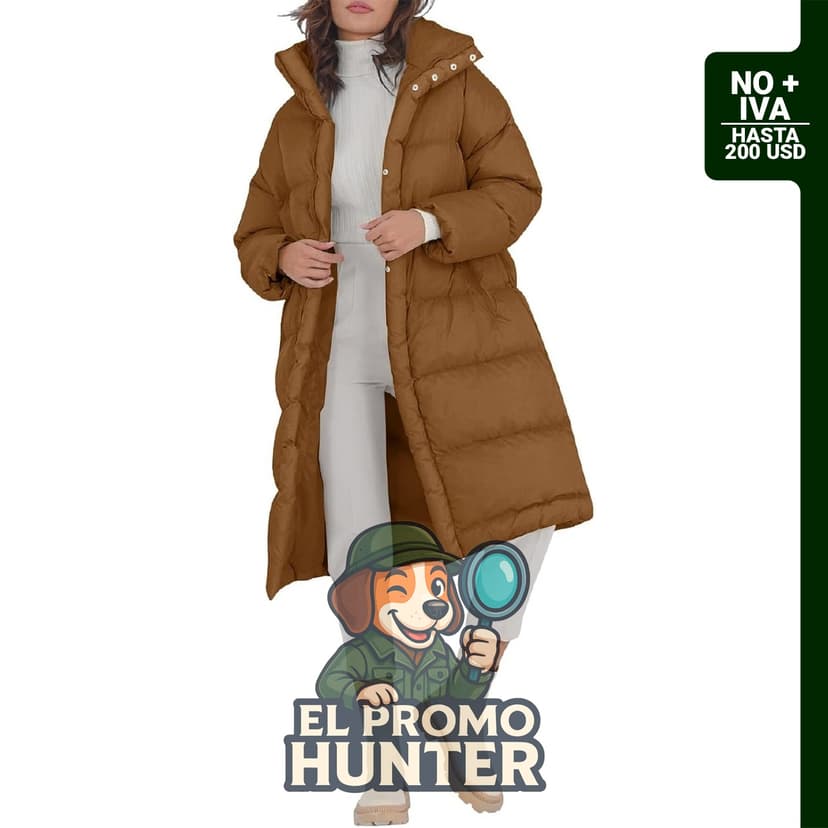 Fazortev Chaqueta Puffer Larga para Mujer, abrigo de plumón con cuello alto y cremalleras, incluye bolsillos laterales.