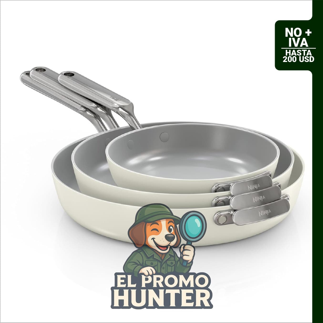 Ninja NeverQuit CQ13000IV2 - Juego de sartenes de cerámica en hueso y plata.