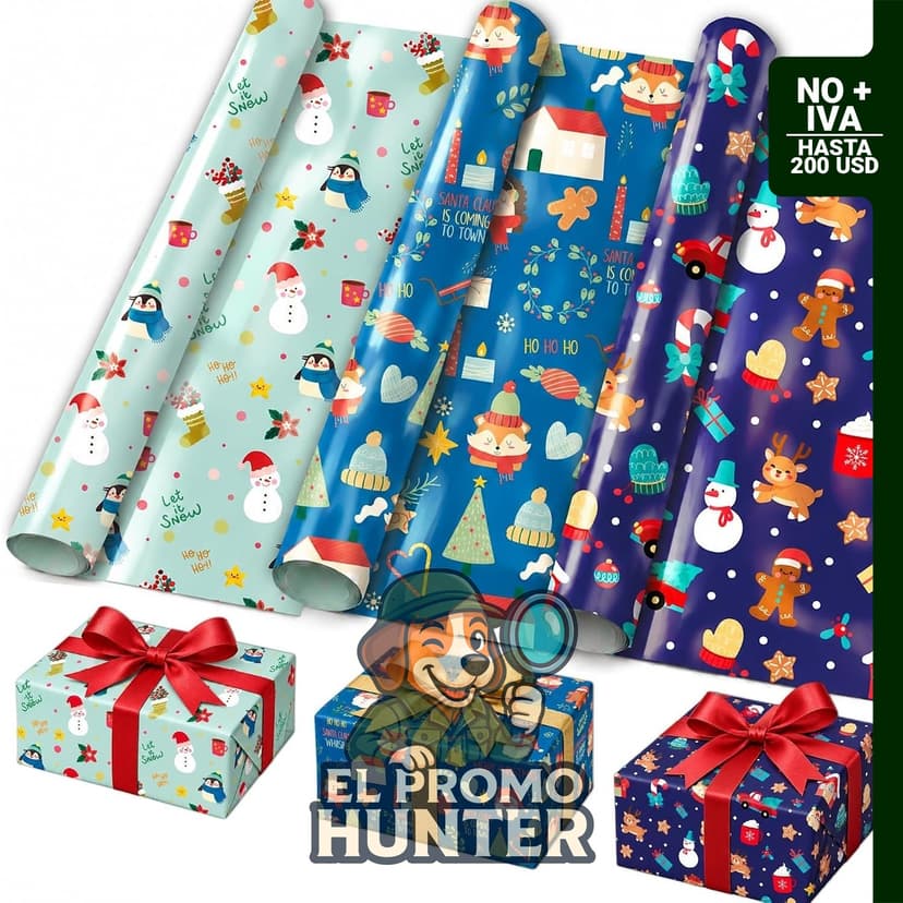 Papel de regalo navideño y bolsas de decoración para regalos.