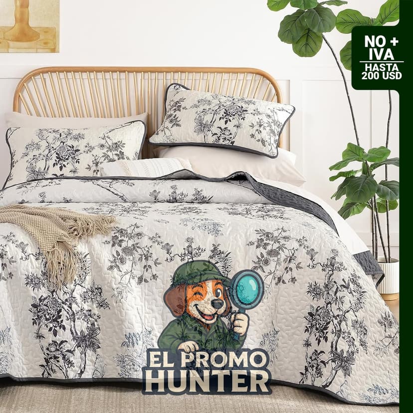 WONGS BEDDING Juego de edredón floral matrimonial en color gris.