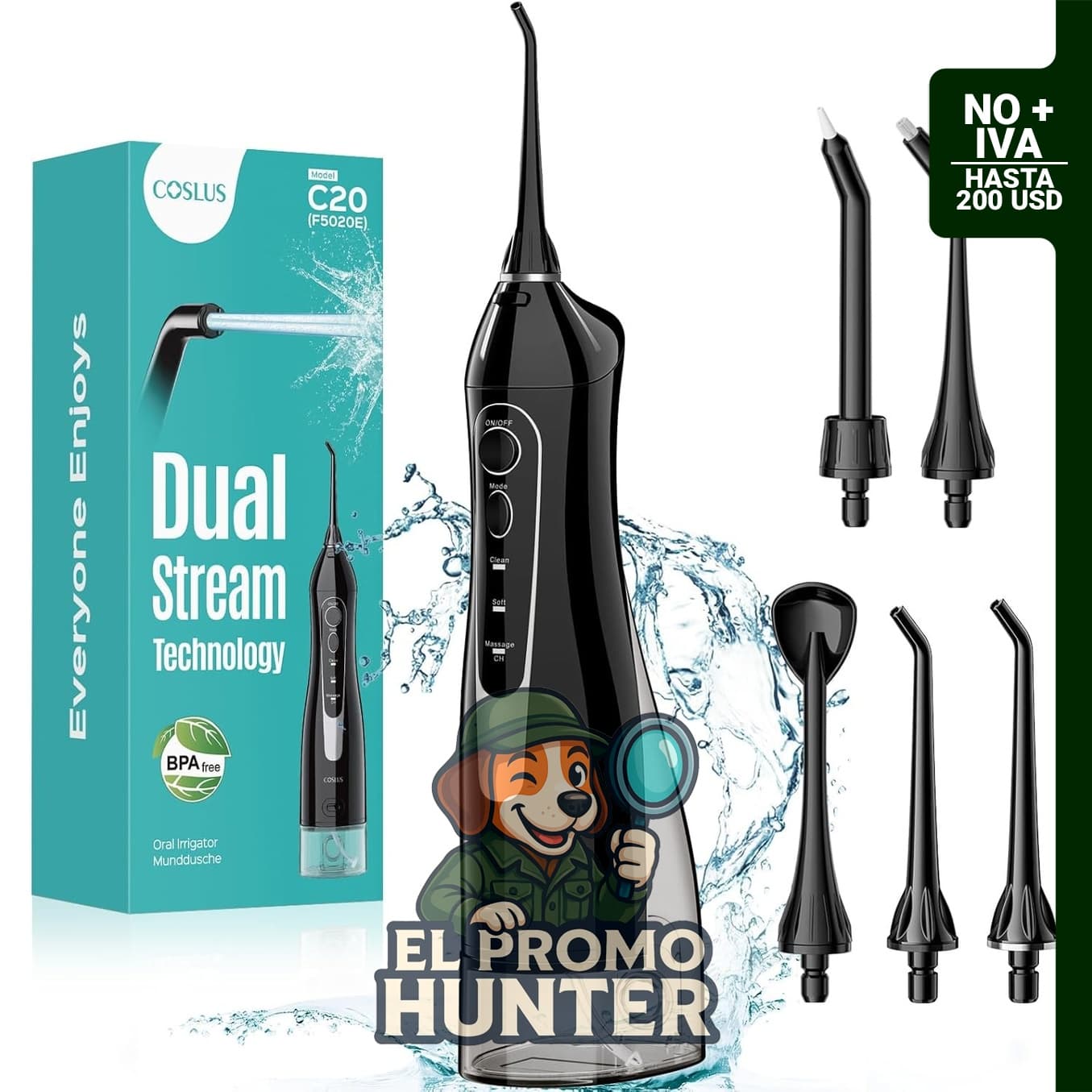 COSLUS Hilo Dental de Agua, irrigador oral portátil inalámbrico de 300 ml, recargable y resistente al agua IPX7.