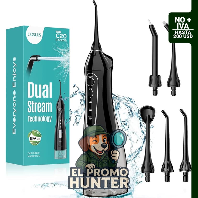 COSLUS Hilo Dental de Agua, irrigador oral portátil inalámbrico de 300 ml, recargable y resistente al agua IPX7.