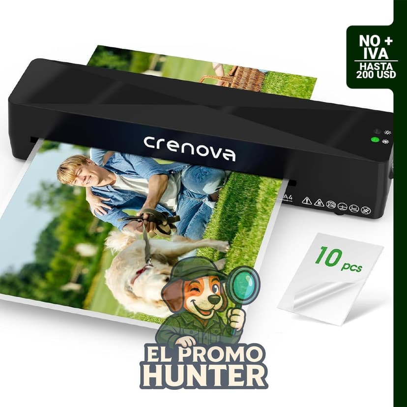 Crenova máquina laminadora con capacidad para 10 hojas de laminación.