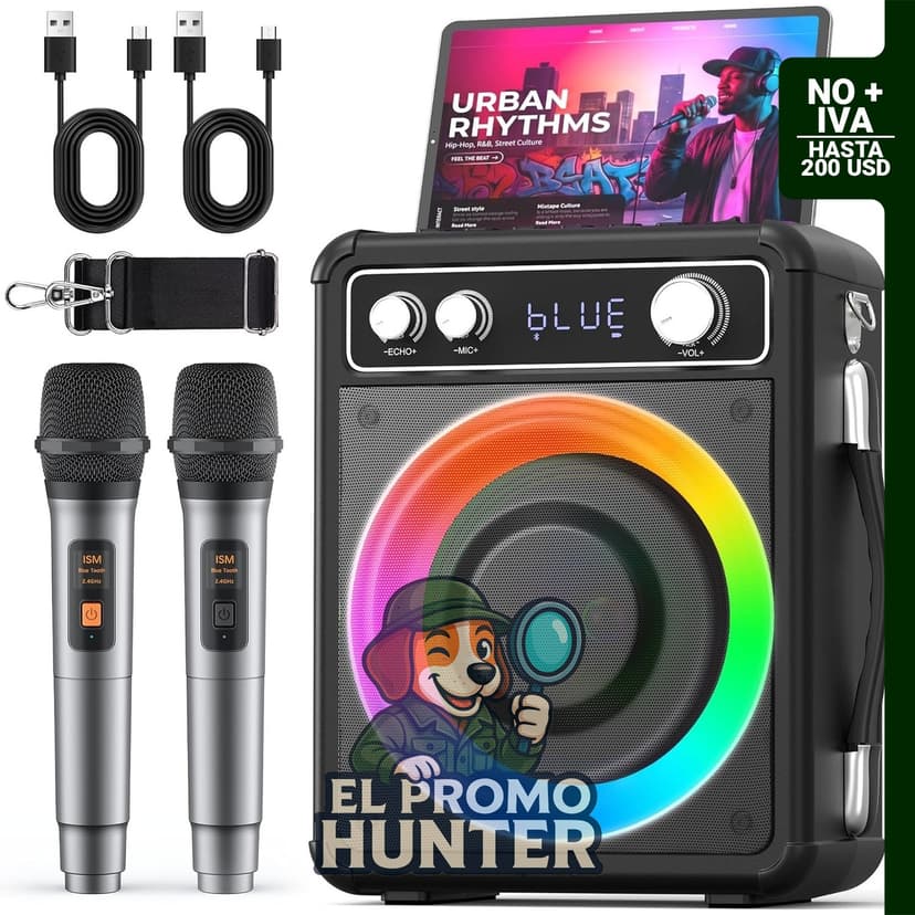 VOSOCO Máquina de karaoke, altavoz portátil Bluetooth con 2 micrófonos inalámbricos, sistema PA con luces LED.