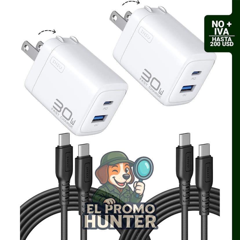 INIU Cargador USB C 30W, pack de 2, con enchufe plegable y tecnología GaN.