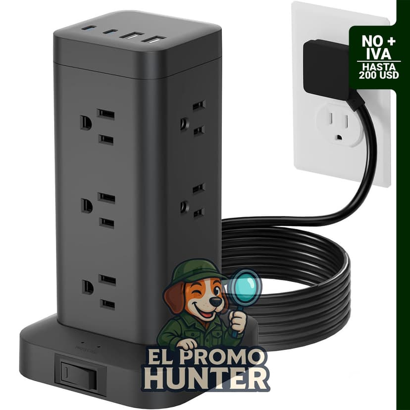 Regleta de alimentación en torre con 12 tomas y 4 puertos USB (2 USB-C), incluye protector de sobretensiones de 1800J.