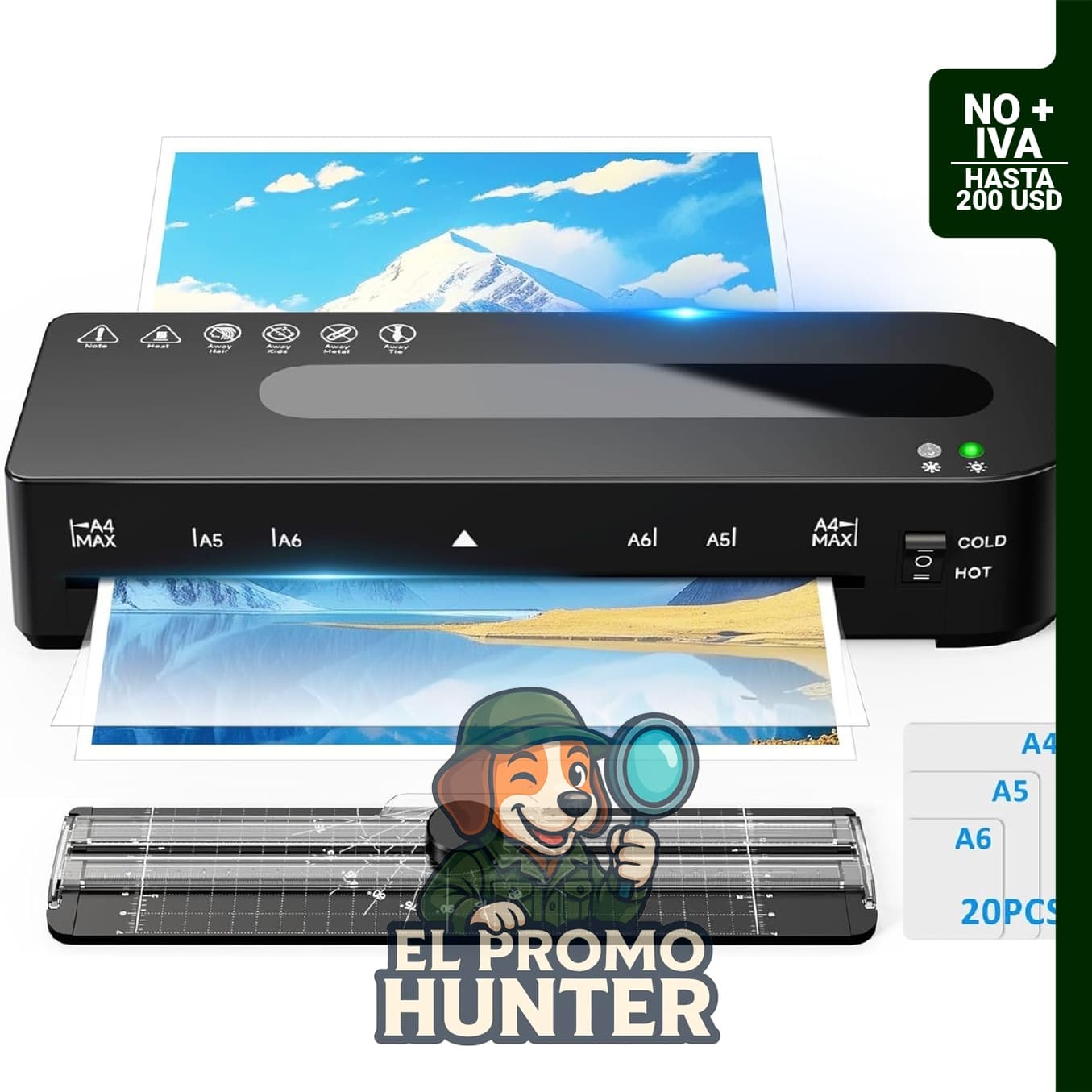 Máquina laminadora A4 caliente y fría de 9 pulgadas, incluye 20 hojas de laminación y recortadora.