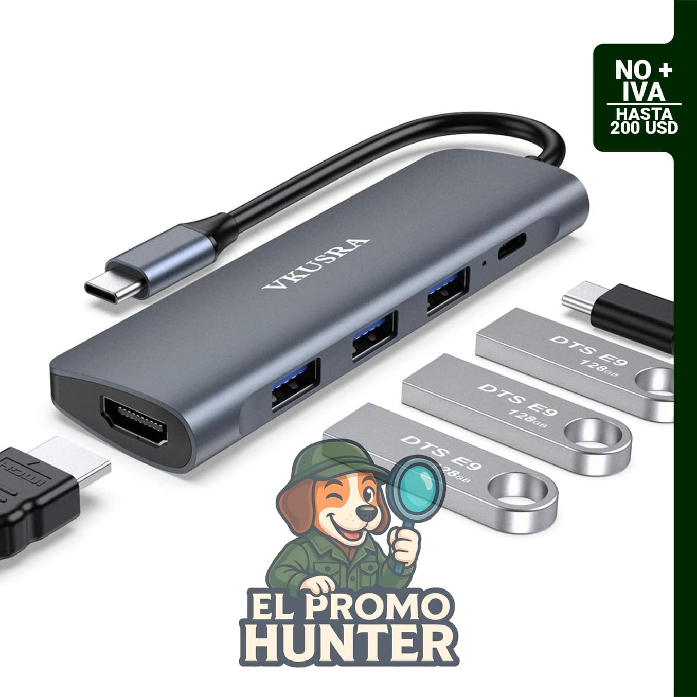 Adaptador multipuerto VKUSRA 5 en 1 USB C a 4K HDMI con 3 puertos USB 3.0 y 100 W PD.