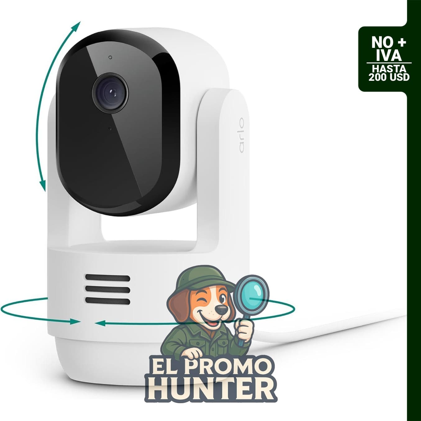 Arlo Essential Cámara de Seguridad Interior 2K con pan y tilt, alimentación por cable, reconocimiento de personas y detección de animales.