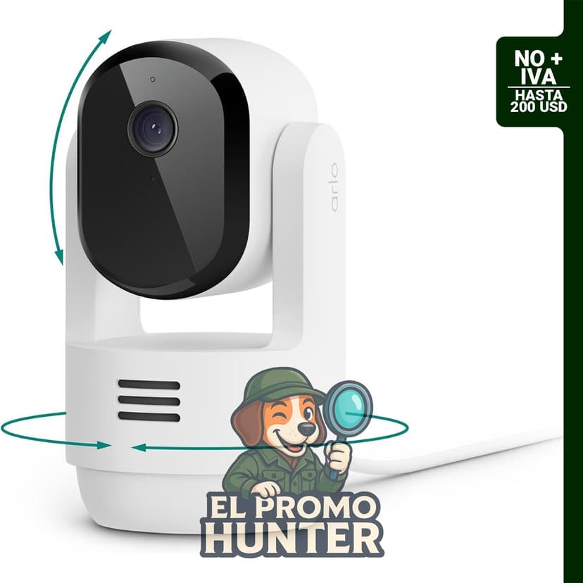 Arlo Essential Cámara de Seguridad Interior 2K con pan y tilt, alimentación por cable, reconocimiento de personas y detección de animales.